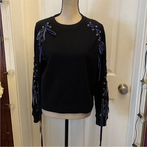 Maje Black Sweatshirt with Blue Lace-Up Details, S - Picture 1 of 10